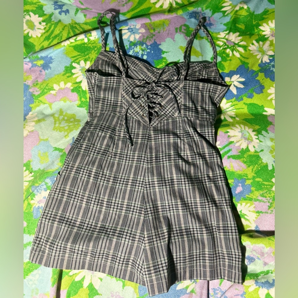 NWT UO plaid lace up corset back romper with adjustable corseted back